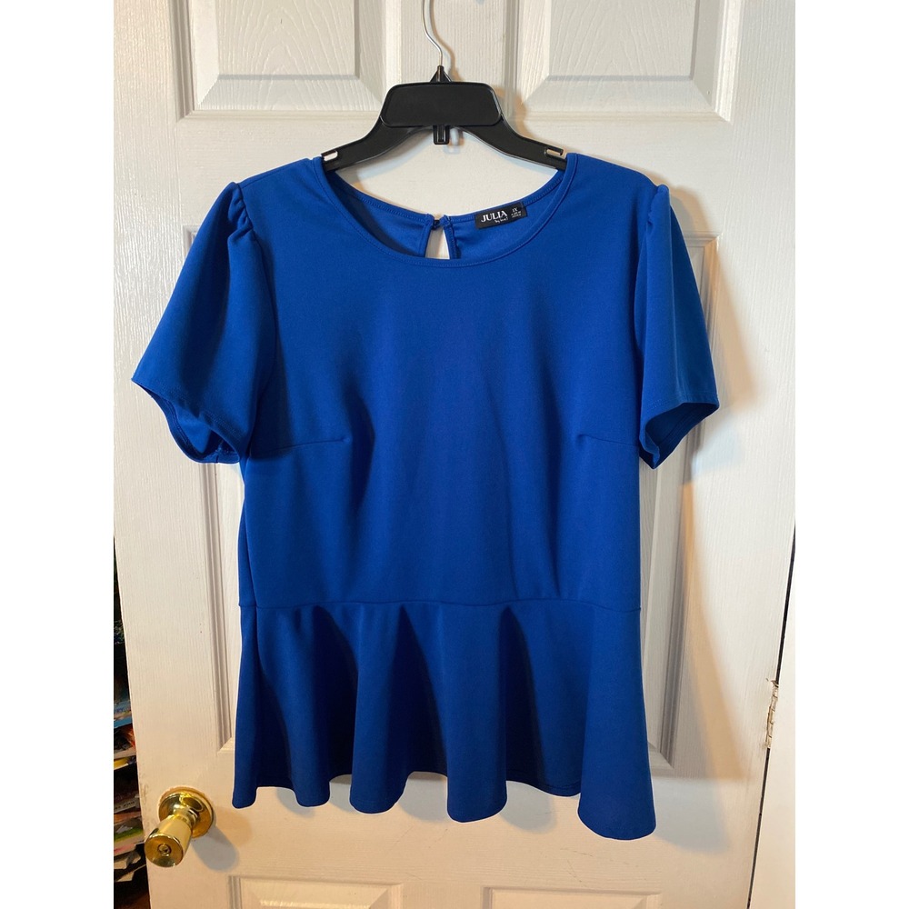 Julia by Love J Royal Blue Peplum Top Short Sleeve Keyhole Back Blouse 1X